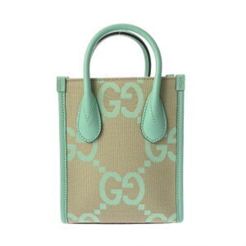 Gucci Jumbo GG Tote Bag Beige Emerald Green Leather Canvas Handbag